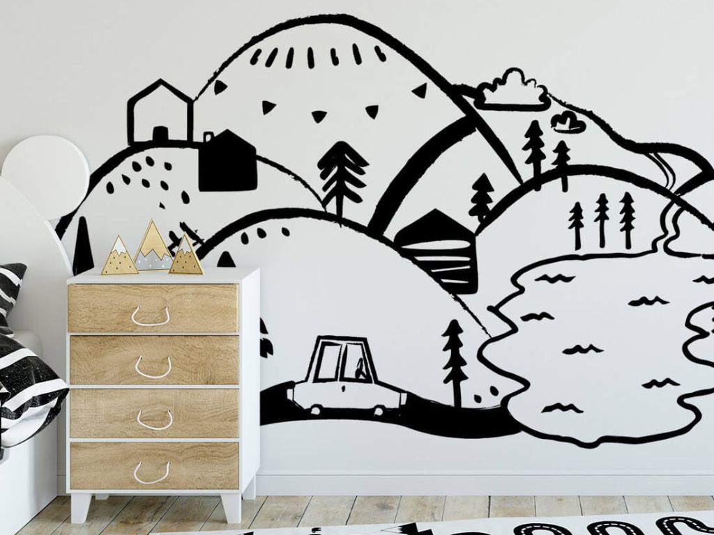 E-shop Detská nástenná samolepka HORY čiernobiela Zvoľte rozmer: L (180 x 79 cm)