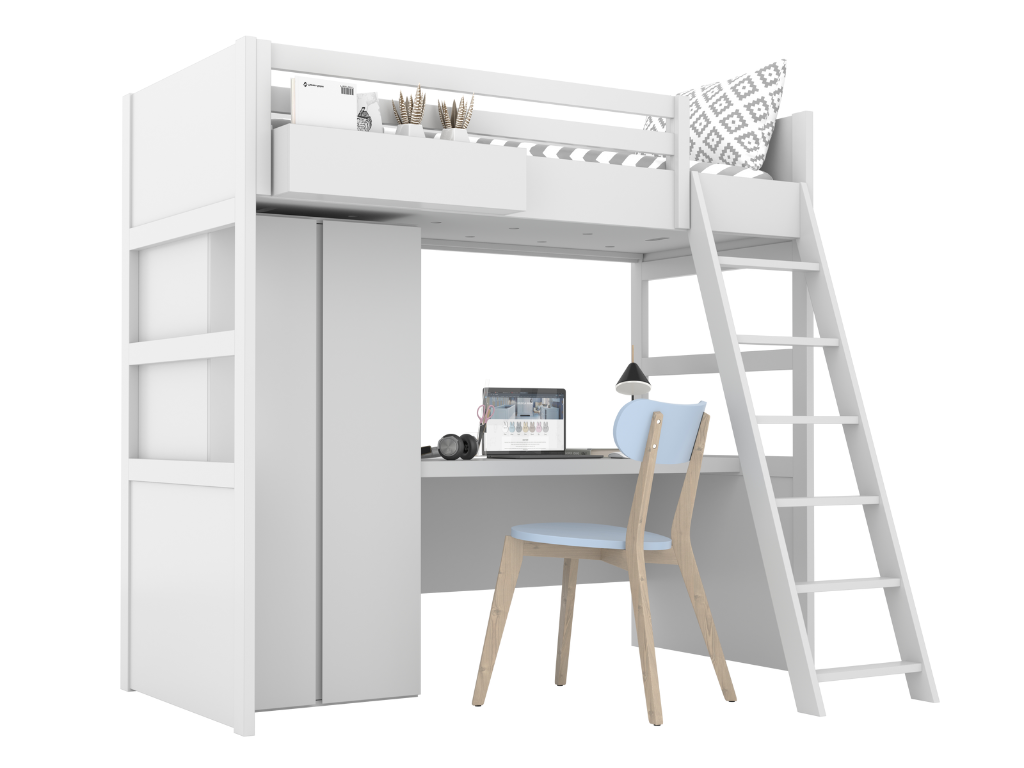 BAMI Biela vyvýšená posteľ SIMONE s rebríkom, skriňou, písacím stolom a policou 90x200 cm
