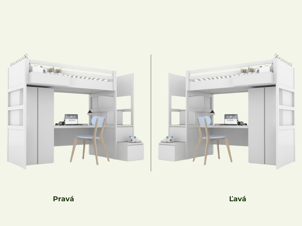 BAMI Biela vyvýšená posteľ SIMONE s úložnými schodmi, skriňou, písacím stolom a policou 90x200 cm Zvoľte stranu: Vpravo