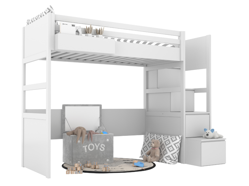 BAMI Biela vyvýšená posteľ SIMONE s úložnými schodmi a policou 90x200 cm Zvoľte stranu: Vpravo