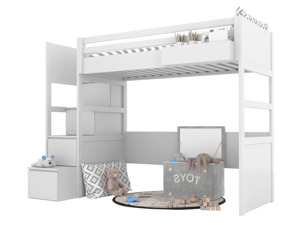 BAMI Biela vyvýšená posteľ SIMONE s úložnými schodmi a policou 90x200 cm Zvoľte stranu: Vľavo