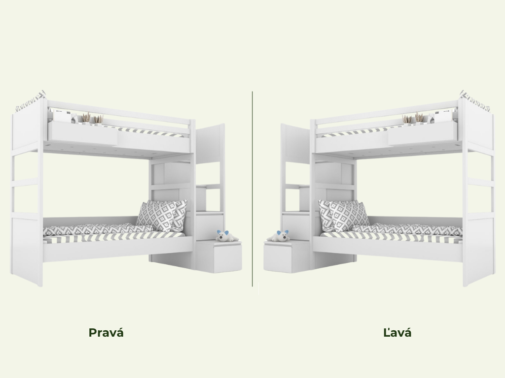 BAMI Biela detská poschodová posteľ SIMONE s úložnými schodmi a policou 90x200 cm Zvoľte stranu: Vľavo