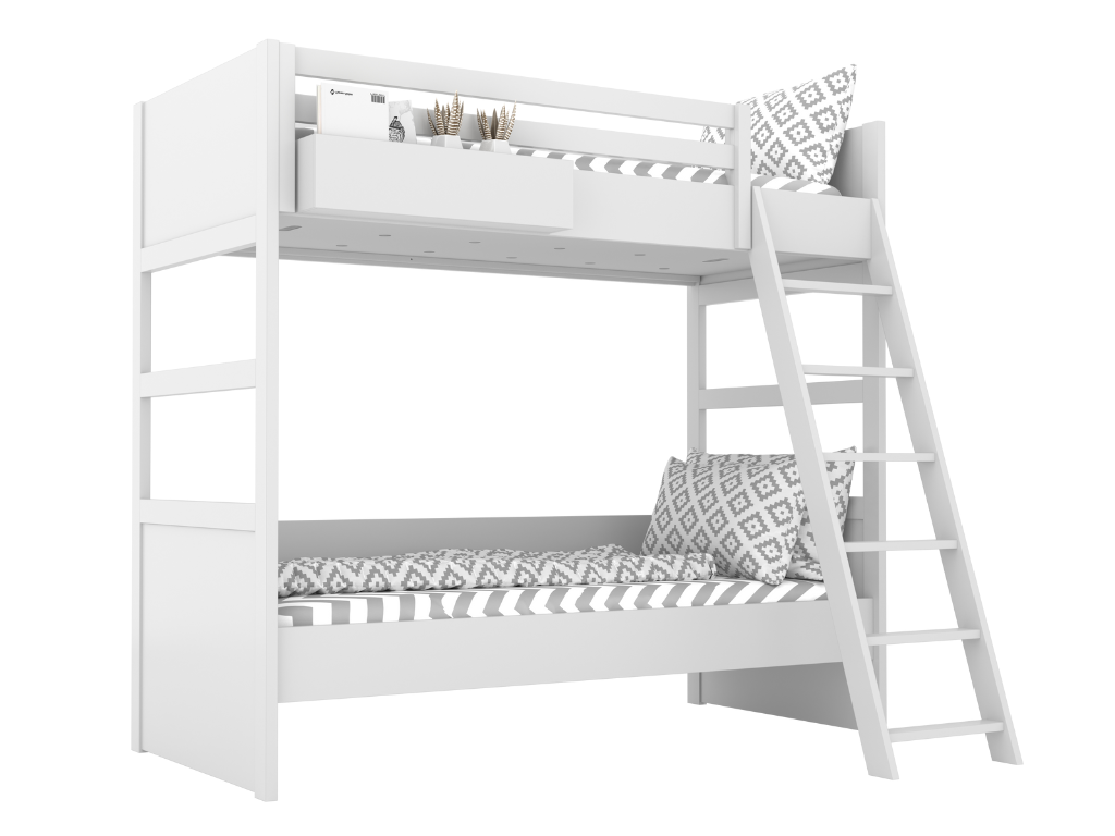 BAMI Biela detská poschodová posteľ SIMONE s rebríkom a policou 90x200 cm