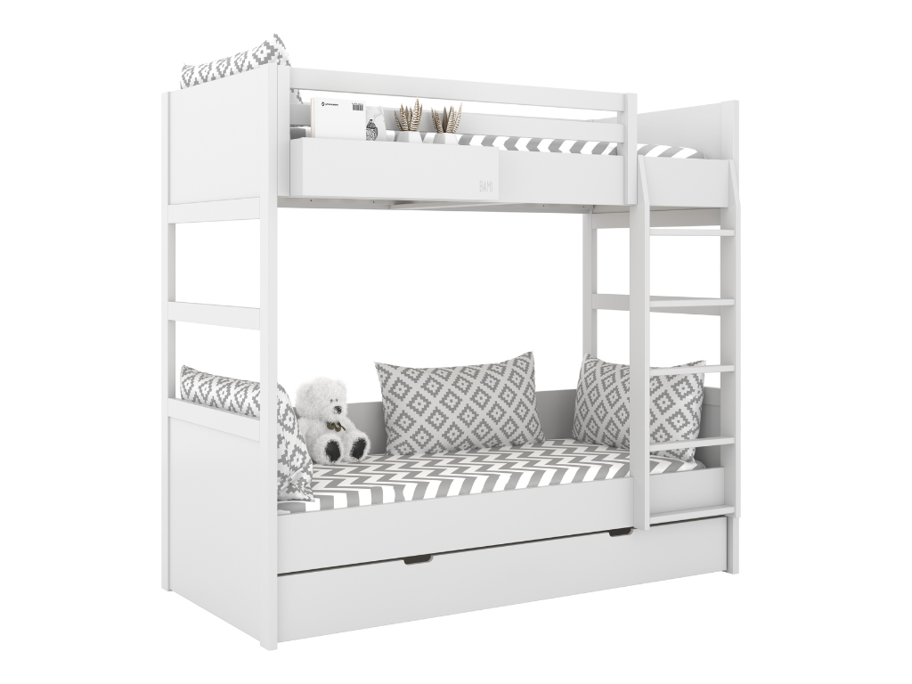 BAMI Biela poschodová posteľ s dvoma lôžkami SIMONE s rebríkom a policou 90x200 cm Zvoľte stranu: Vpravo