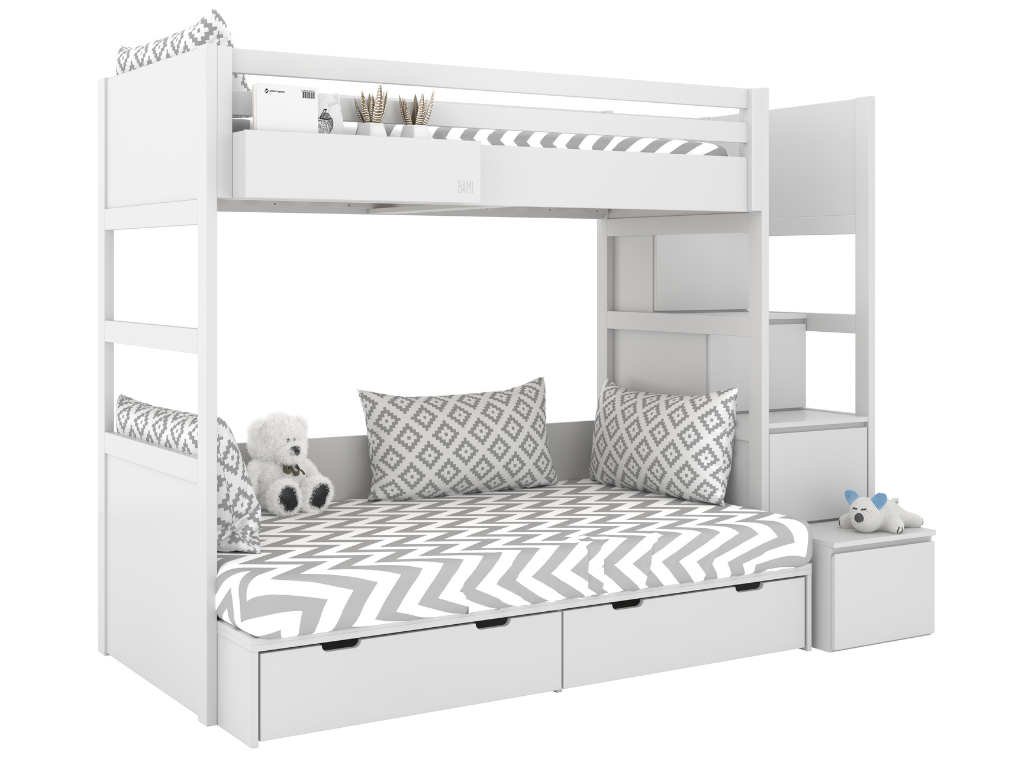 BAMI Biela poschodová posteľ s dvoma lôžkami SIMONE s úložnými schodmi a policou 90x200 cm, 120x200 cm Zvoľte stranu: Vľavo