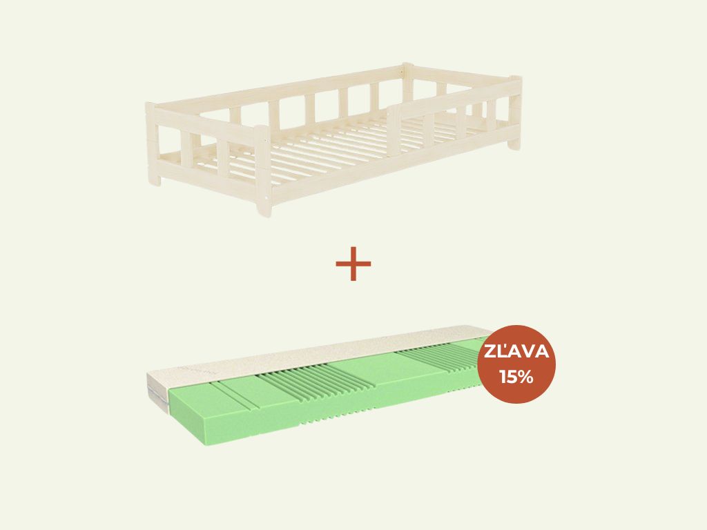 Benlemi Nízke jednolôžko FENCE 4v1 so zábranou 120x200 cm + matrac ADAPTIC Zvoľte farbu: Nelakovaná, Zvoľte zábranu: S otvoreným vstupom