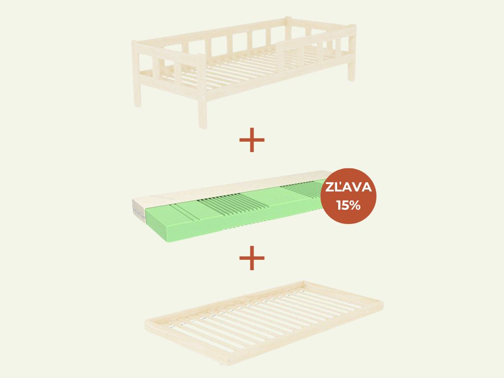 Benlemi Jednolôžko FENCE 4v1 90x200 cm so zábranou a prístelkou + matrac ADAPTIC Zvoľte farbu: Béžová, Zvoľte zábranu: S jednou zábranou vpravo