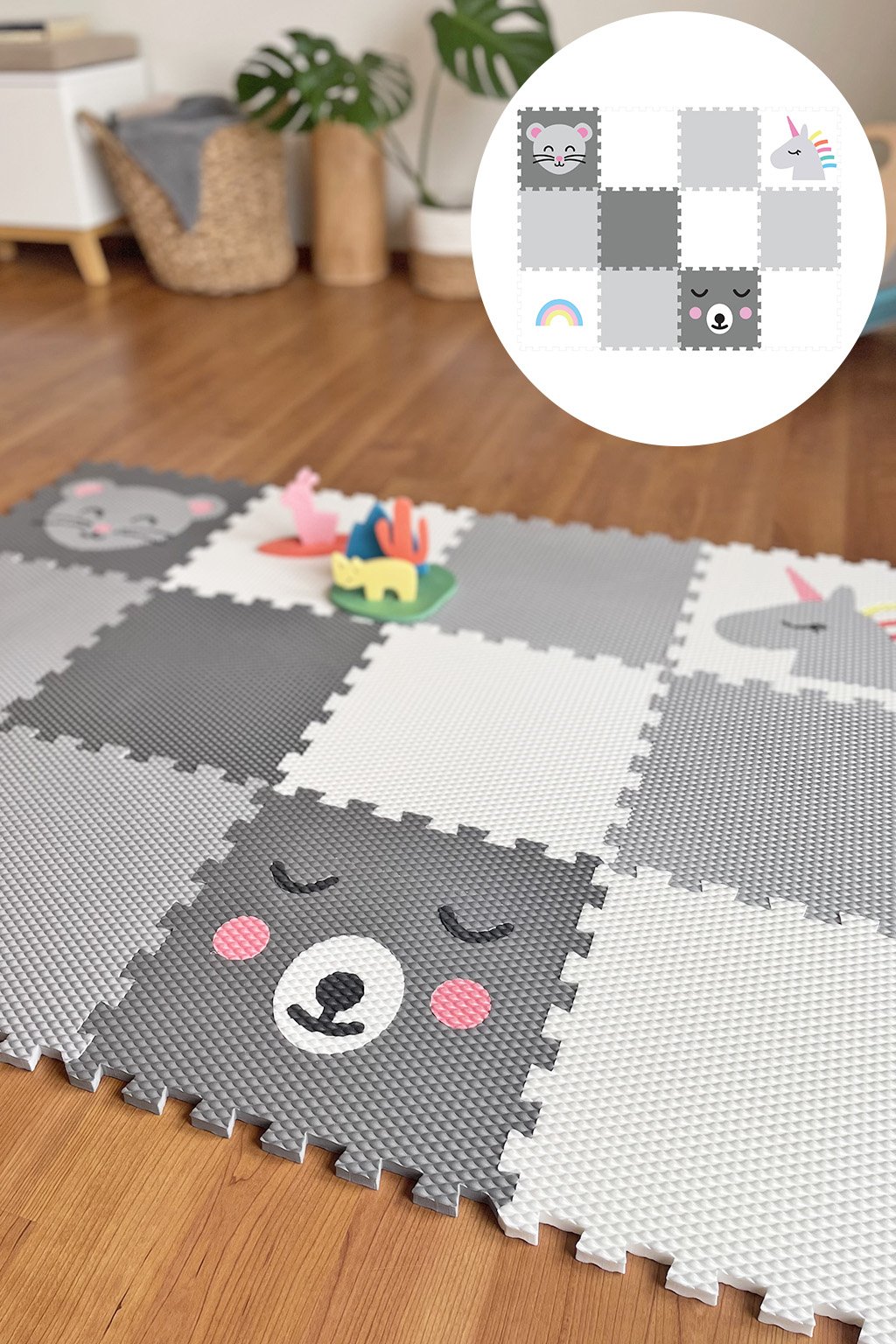 Dvanásťdielna puzzle podlaha do detskej izby ŠEDÁ
