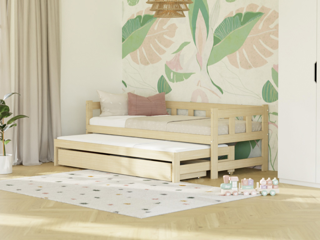 E-shop Benlemi Jednolôžko FENCE 90x200 3v1 so zábranou, prístelkou a úložným šuplíkom Zvoľte farbu: Béžová, Zvoľte zábranu: S otvoreným vstupom