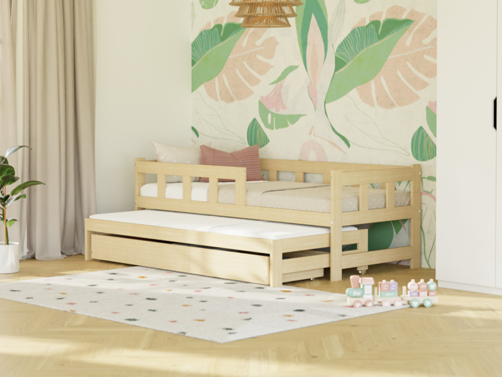 E-shop Benlemi Jednolôžko FENCE 90x200 3v1 so zábranou, prístelkou a úložným šuplíkom Zvoľte farbu: Béžová, Zvoľte zábranu: S jednou zábranou vľavo