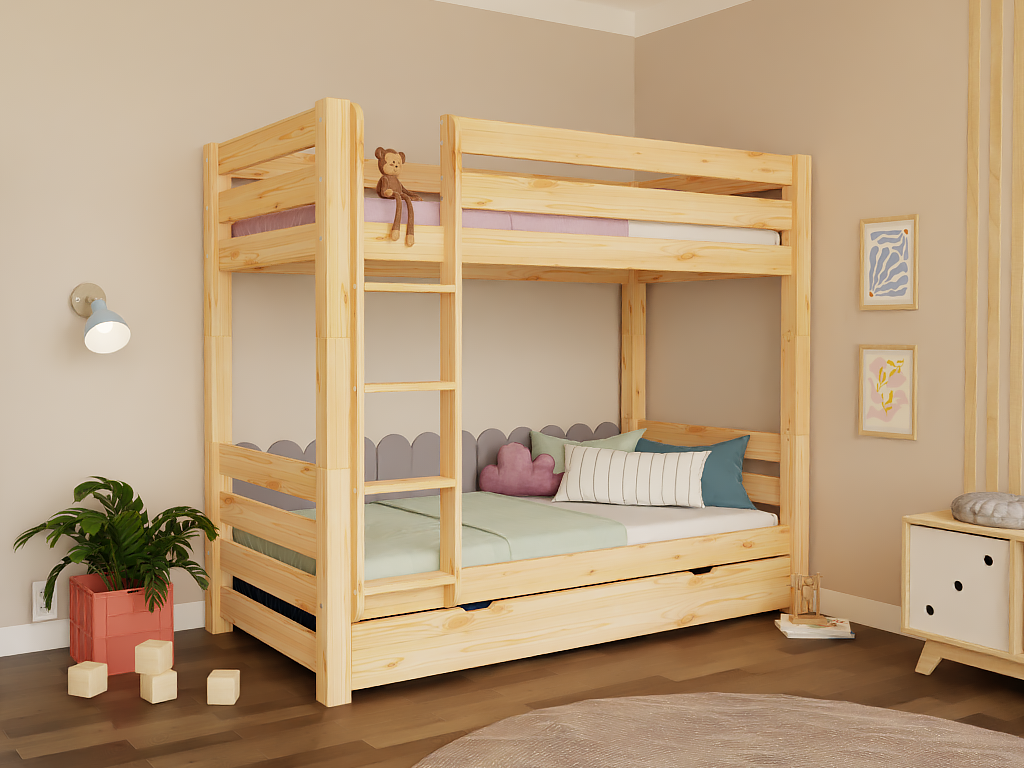E-shop Drevená poschodová posteľ ATLAS pre deti 90x200 cm Zvoľte farbu: Biela, Zvoľte šuplík: Bez šuplíka, Zvoľte zábranu: Bez spodnej zábrany