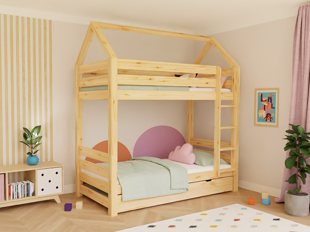 E-shop Domčeková poschodová posteľ ALPY s rebríkom 90x200 cm Zvoľte farbu: Biela, Zvoľte šuplík: Bez šuplíka, Zvoľte zábranu: Bez spodnej zábrany