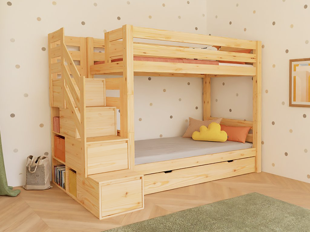 E-shop Benlemi Drevená poschodová posteľ ATLAS s bočnými úložnými schodmi 90x200 cm Zvoľte farbu: Biela, Zvoľte šuplík: Bez šuplíka