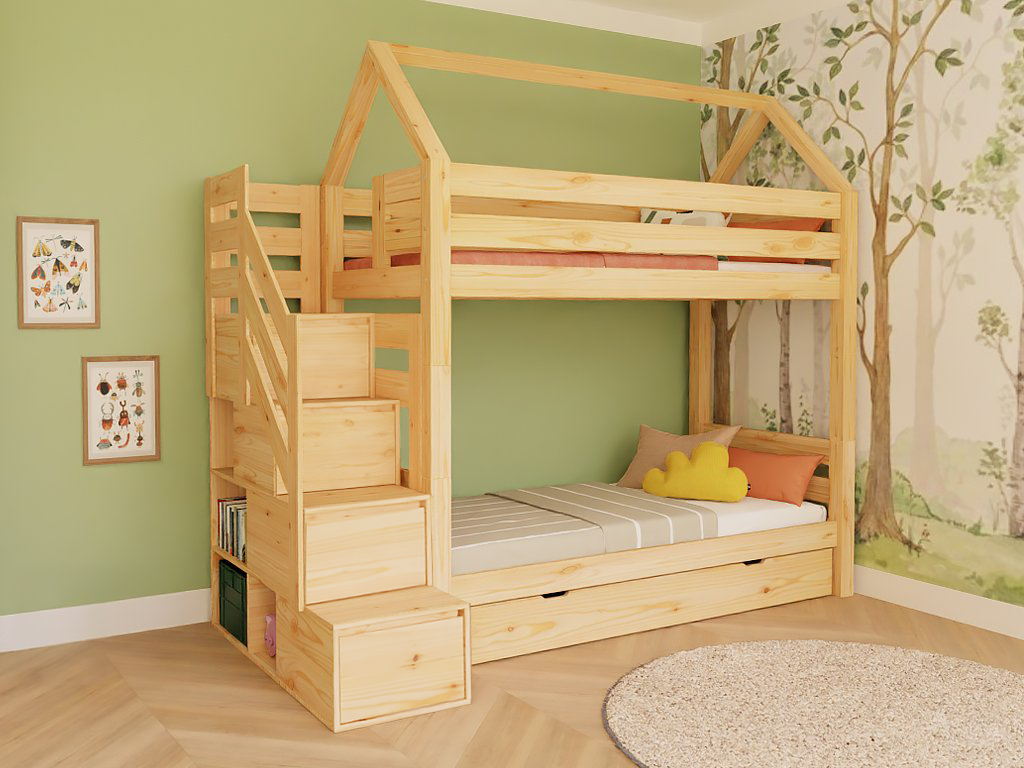 E-shop Benlemi Domčeková poschodová posteľ ALPY s bočnými úložnými schodmi 90x200 cm Zvoľte farbu: Biela, Zvoľte šuplík: Bez šuplíka