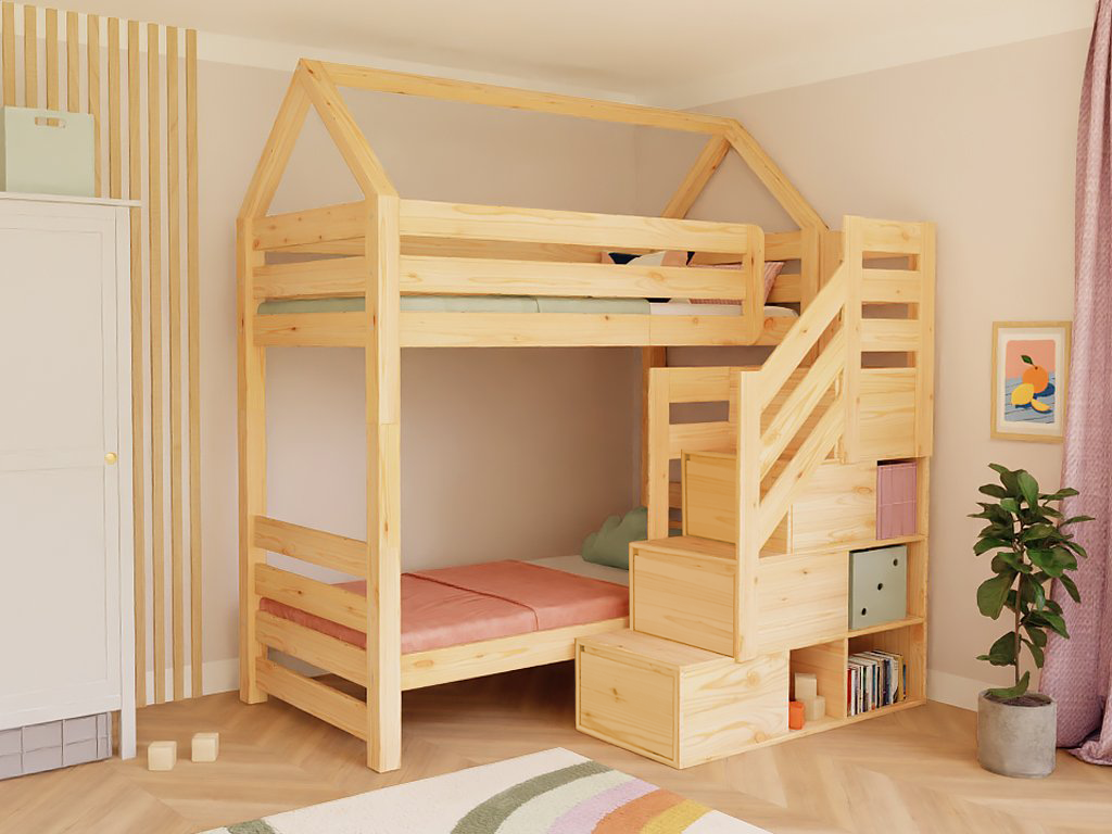 E-shop Benlemi Domčeková poschodová posteľ ALPY s prednými úložnými schodmi 90x200 cm Zvoľte farbu: Biela