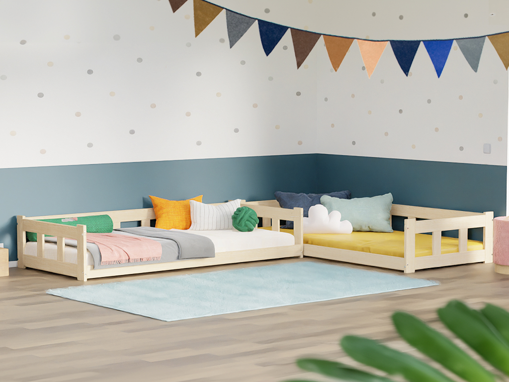 E-shop Benlemi Nízke postele FENCE 4v1 s otvoreným vstupom pre dve deti Zvoľte farbu: Nelakovaná, Zvoľte rozmer: 80x180 cm