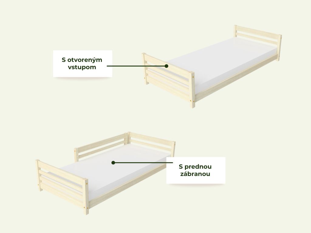 Benlemi Nízke detské jednolôžko z dreva TULY s dvoma čelami Zvoľte farbu: Nelakovaná, Zvoľte rozmer: 90x200 cm, Zvoľte zábranu: S otvoreným vstupom