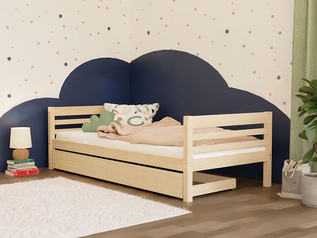 Benlemi Nízke detské jednolôžko z dreva TULY s dvoma čelami Zvoľte farbu: Nelakovaná, Zvoľte rozmer: 90x200 cm, Zvoľte zábranu: S otvoreným vstupom