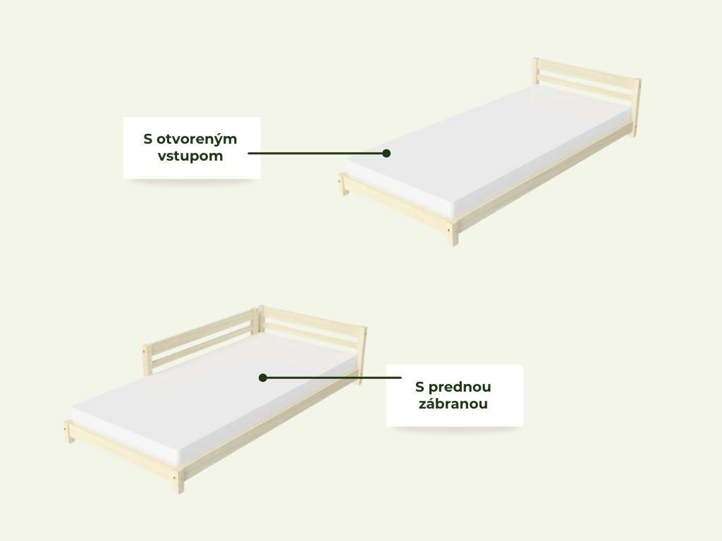 Benlemi Nízka detská jednolôžková posteľ TULY s čelom Zvoľte farbu: Nelakovaná, Zvoľte rozmer: 80x190 cm, Zvoľte zábranu: S otvoreným vstupom
