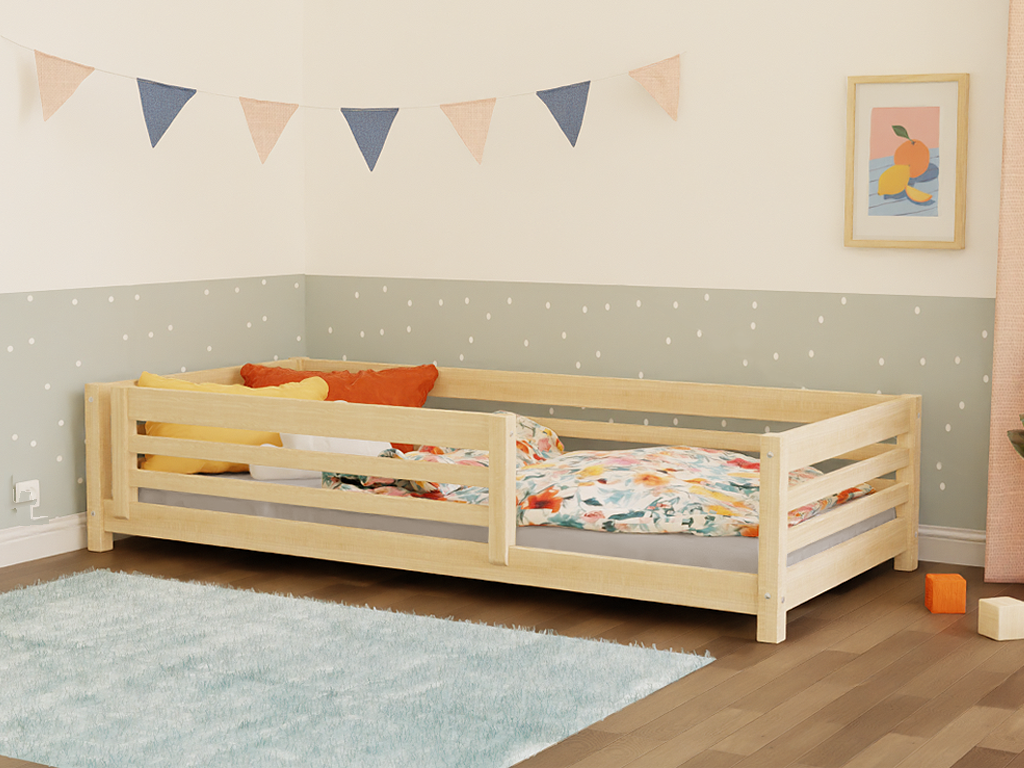 E-shop Benlemi Nízka detská drevená posteľ TULY so zábranou Zvoľte farbu: Pastelovo ružová, Zvoľte rozmer: 80x190 cm, Zvoľte zábranu: S jednou zábranou