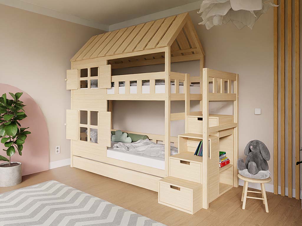 E-shop Benlemi Domčeková poschodová posteľ CHALÚPKA s úložnými schodmi 90x200 cm Zvoľte farbu: Nelakovaná, Zvoľte šuplík: Bez šuplíka, Zvoľte stranu: Vľavo
