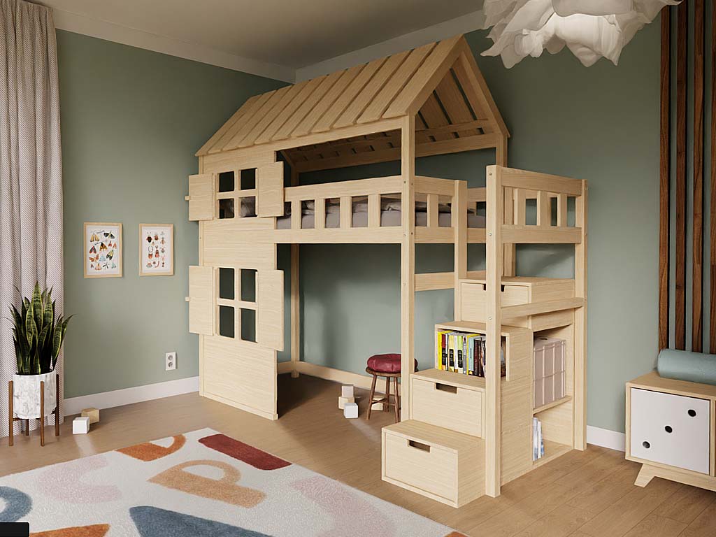 E-shop Benlemi Zvýšená posteľ CHALÚPKA s úložnými schodmi 90x200 cm Zvoľte farbu: Nelakovaná, Zvoľte stranu: Vľavo