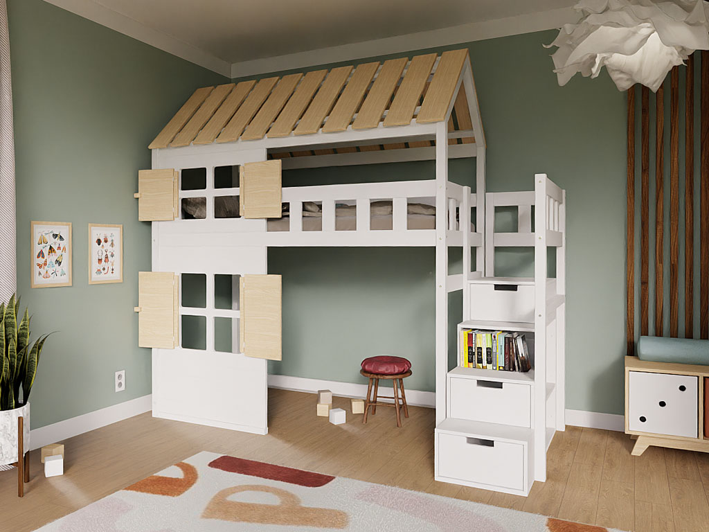 E-shop Benlemi Zvýšená posteľ CHALÚPKA s úložnými schodmi 90x200 cm Zvoľte farbu: Biela s transparentne lakovanými prvkami, Zvoľte stranu: Vľavo