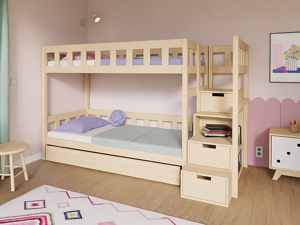 E-shop Benlemi Drevená poschodová posteľ PLOTTY s úložnými schodmi 90x200 cm Zvoľte farbu: Nelakovaná, Zvoľte šuplík: Prístelka 90x190 cm, Zvoľte stranu: Vľ…