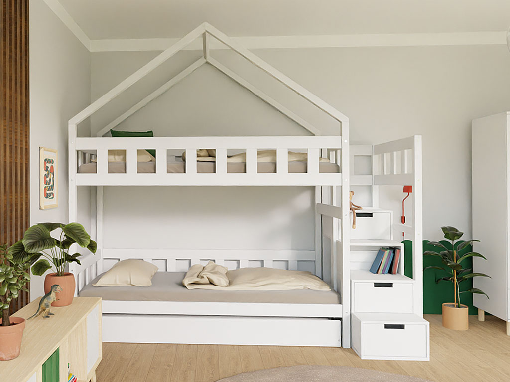 E-shop Benlemi Domčeková poschodová posteľ PLOTTY s úložnými schodmi 90x200 cm Zvoľte farbu: Béžová, Zvoľte šuplík: Bez šuplíka, Zvoľte stranu: Vľavo