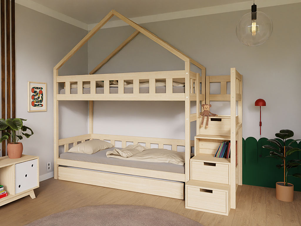 E-shop Benlemi Domčeková poschodová posteľ PLOTTY s úložnými schodmi 90x200 cm Zvoľte farbu: Nelakovaná, Zvoľte šuplík: Bez šuplíka, Zvoľte stranu: Vľavo