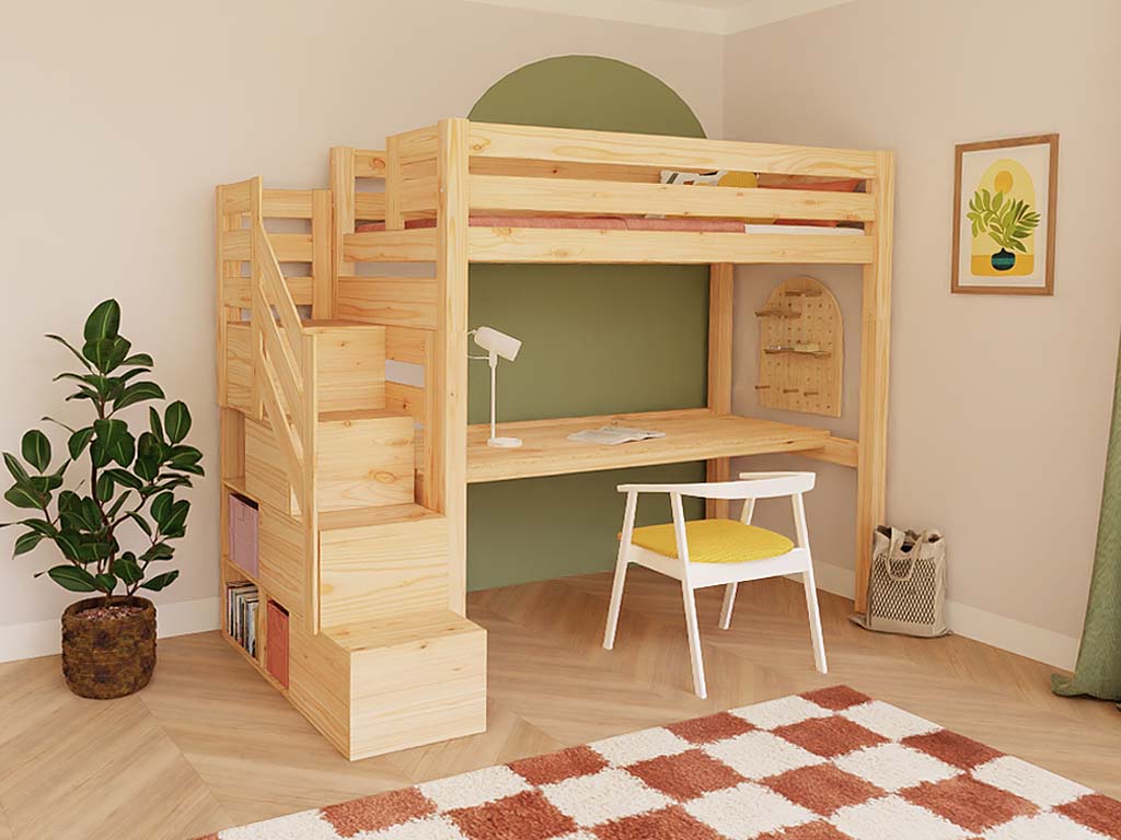 E-shop Benlemi Vyvýšená posteľ MAKALU s úložnými schodmi a písacím stolom 90x200 cm Zvoľte farbu: Transparentná lazúra