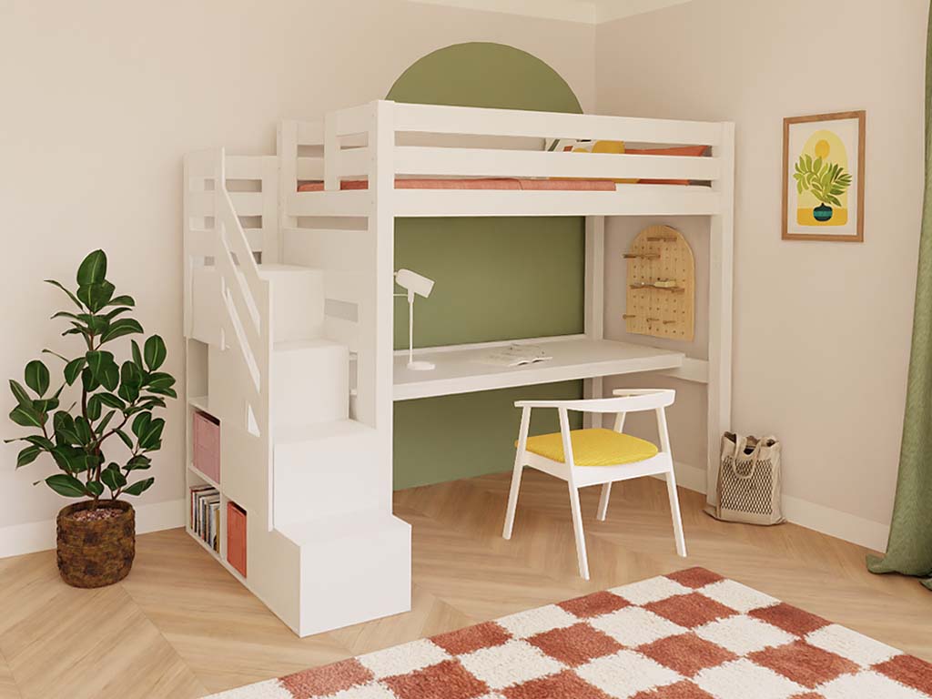 E-shop Benlemi Vyvýšená posteľ MAKALU s úložnými schodmi a písacím stolom 90x200 cm Zvoľte farbu: Biela