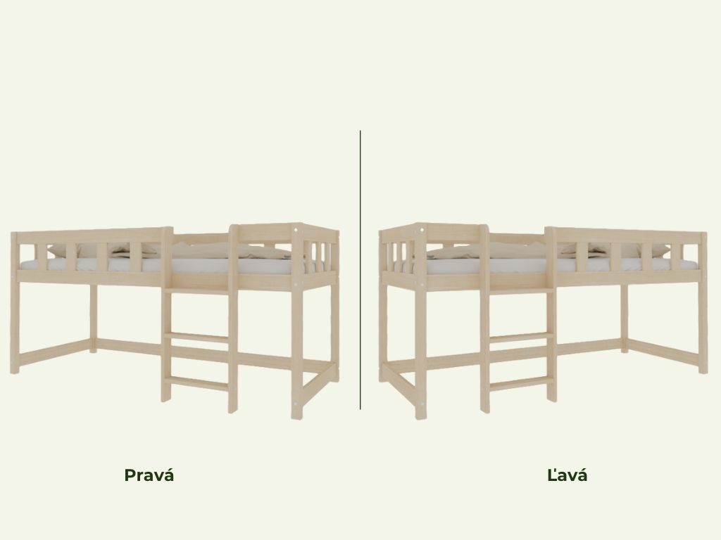Benlemi Nízka vyvýšená posteľ PLOTTY s rebríkom 90x200 cm Zvoľte farbu: Nelakovaná, Zvoľte variantu: So závesom, Zvoľte stranu: Vpravo