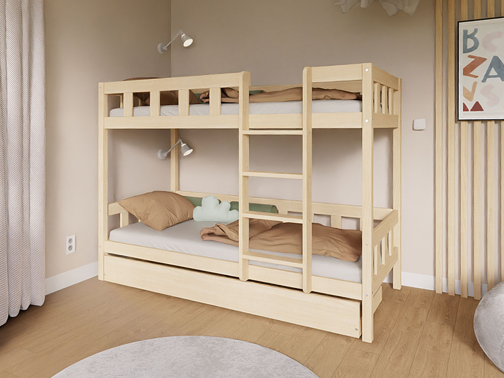 E-shop Benlemi Poschodová posteľ PLOTTY s rebríkom 90x200 cm Zvoľte farbu: Nelakovaná, Zvoľte šuplík: Úložný šuplík, Zvoľte stranu: Vľavo