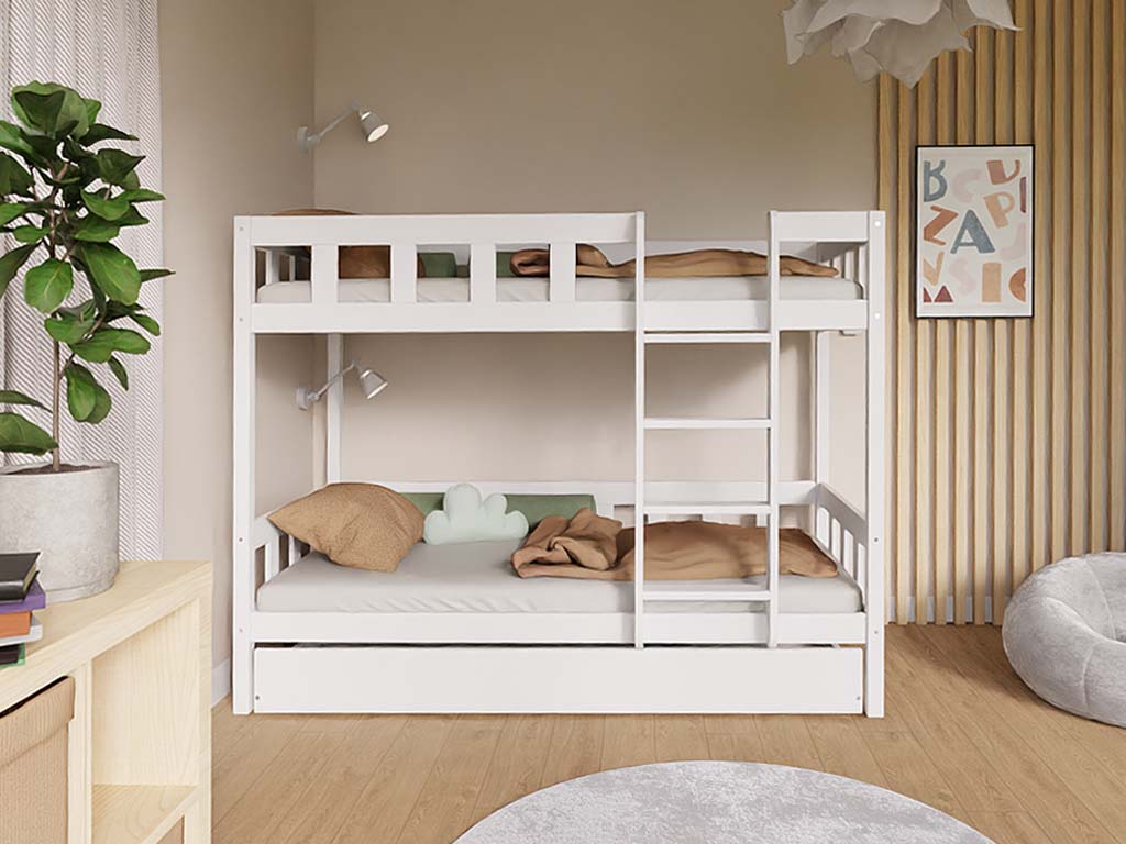E-shop Benlemi Poschodová posteľ PLOTTY s rebríkom 90x200 cm Zvoľte farbu: Transparentná vosková lazura matná, Zvoľte šuplík: Dvojitý úložný šuplík, Zvoľte …