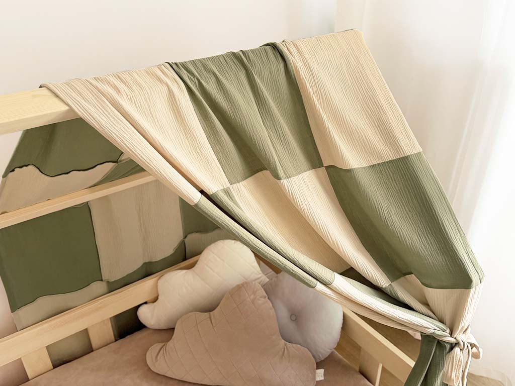 E-shop Mušelínová strieška na domčekovú posteľ KOCKOVANÁ Zvoľte farbu: Béžová - Olivová, Zvoľte rozmer: 290 cm