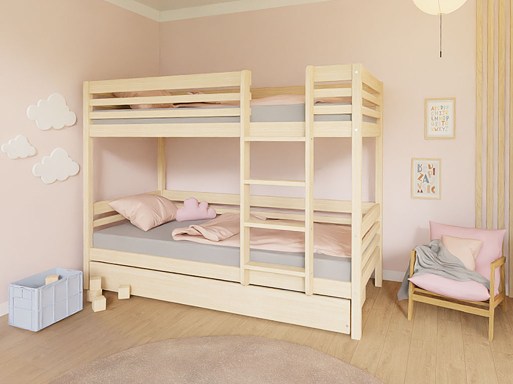 E-shop Benlemi Poschodová posteľ TULY s rebríkom 90x200 cm Zvoľte farbu: Transparentná vosková lazura matná, Zvoľte šuplík: Dvojitý úložný šuplík, Zvoľte st…