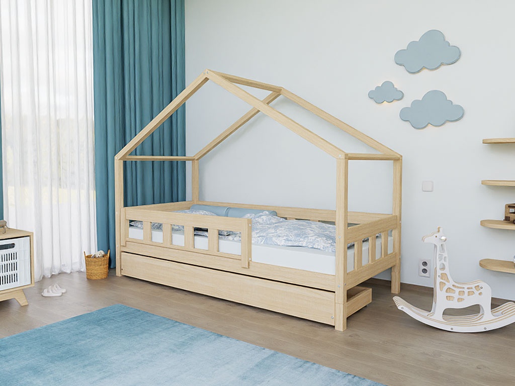 Benlemi Domčeková posteľ PLOTTY s predným štítom Zvoľte farbu: Nelakovaná, Zvoľte rozmer: 90x200 cm, Zvoľte zábranu: S jednou zábranou
