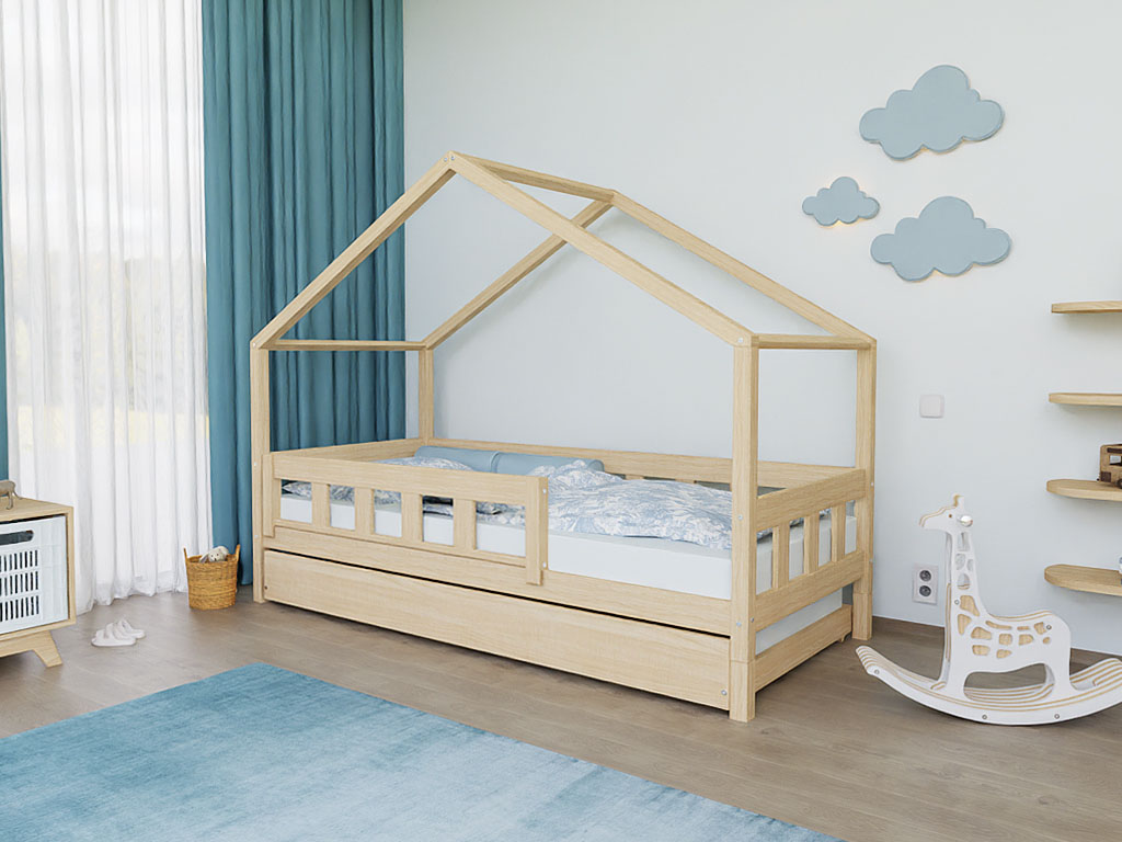 Benlemi Domčeková posteľ PLOTTY s predným štítom Zvoľte farbu: Nelakovaná, Zvoľte rozmer: 90x200 cm, Zvoľte zábranu: S jednou zábranou