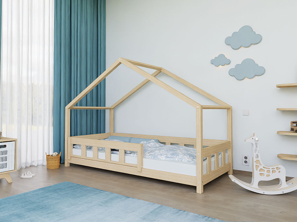 E-shop Benlemi Domčeková posteľ PLOTTY s predným štítom Zvoľte farbu: Béžová, Zvoľte rozmer: 120x180 cm, Zvoľte zábranu: S jednou zábranou