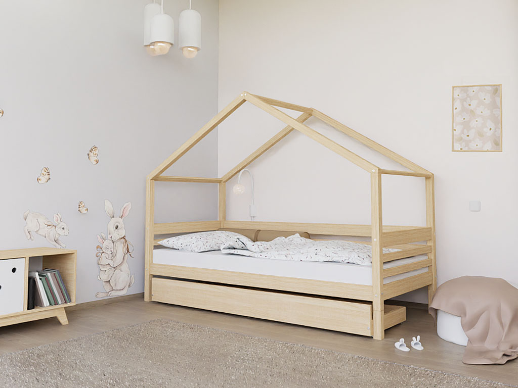 Benlemi Domčeková posteľ TULY s predným štítom Zvoľte farbu: Nelakovaná, Zvoľte rozmer: 90x200 cm, Zvoľte zábranu: S jednou zábranou