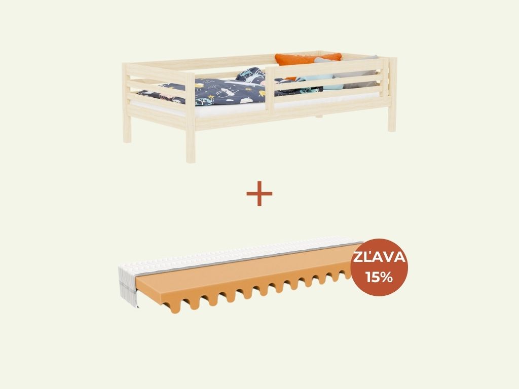 Benlemi Nízka detská drevená posteľ TULY so zábranou 120x200 cm + matrac WAVE Zvoľte farbu: Nelakovaná, Zvoľte zábranu: S jednou zábranou