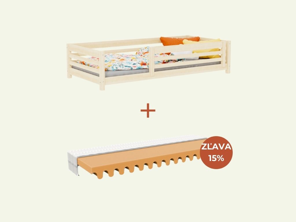 Benlemi Nízka detská drevená posteľ TULY so zábranou 90x200 cm + matrac WAVE Zvoľte farbu: Nelakovaná, Zvoľte zábranu: S jednou zábranou