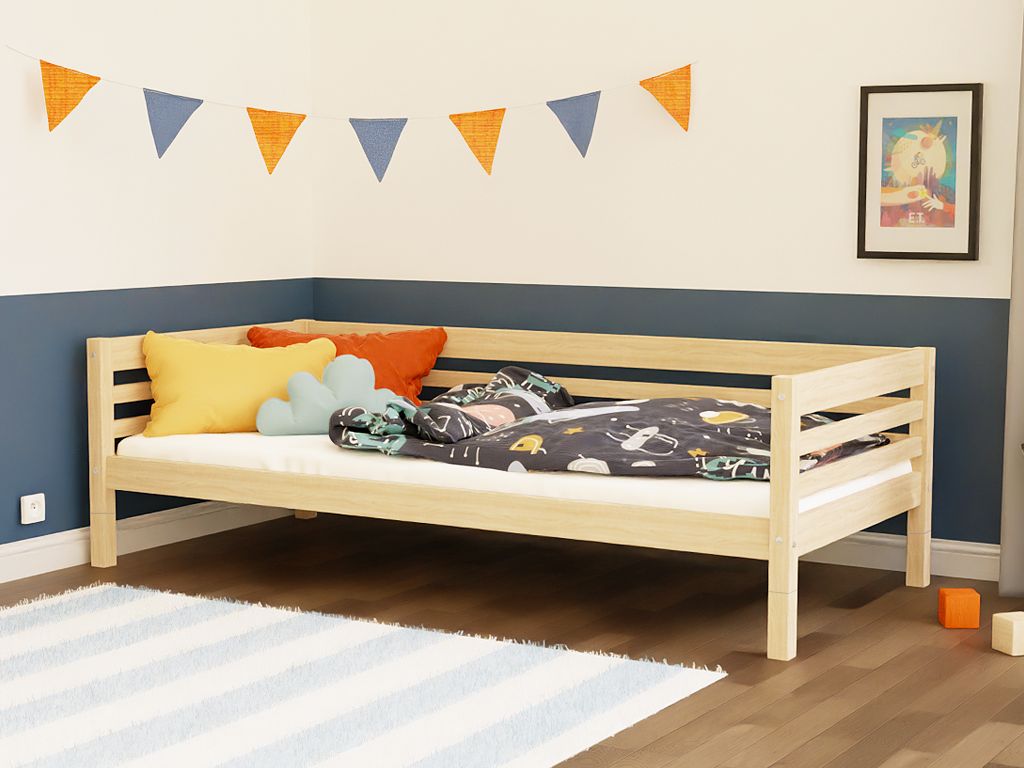 Benlemi Vysoká detská drevená posteľ TULY so zábranou a úložným šuplíkom 120x200 cm + matrac WAVE Zvoľte farbu: Nelakovaná, Zvoľte zábranu: S otvoren…