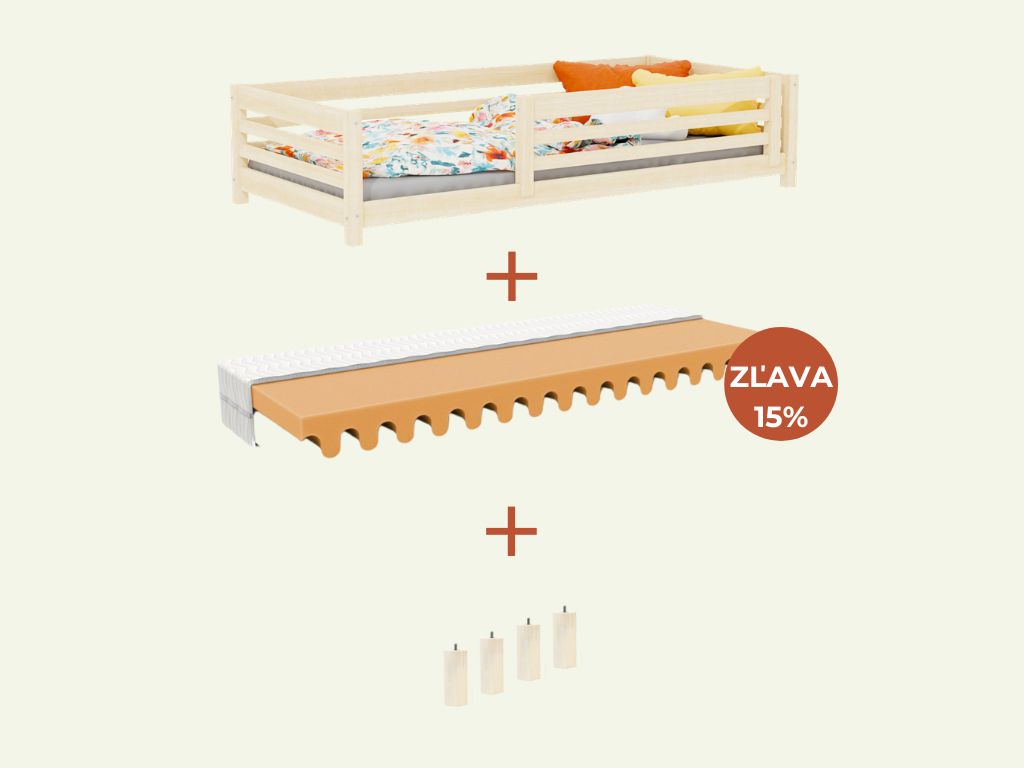 Benlemi Vysoká detská drevená posteľ TULY so zábranou 90x200 + matrac WAVE Zvoľte farbu: Béžová, Zvoľte zábranu: S jednou zábranou