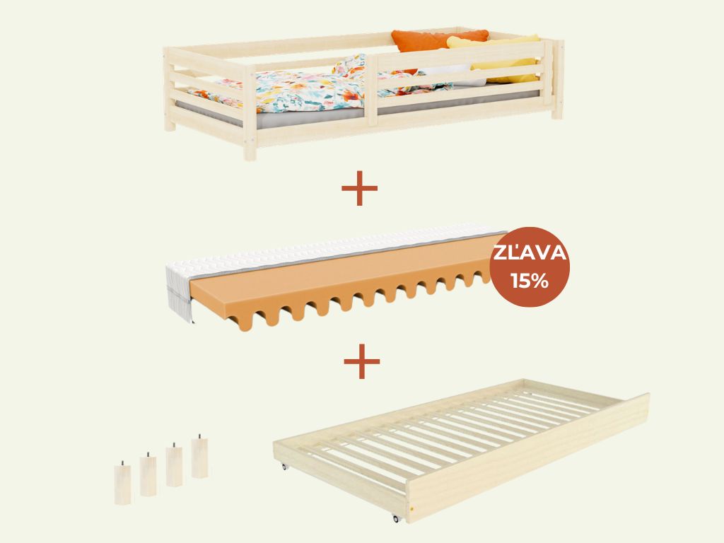Benlemi Vysoká detská drevená posteľ TULY so zábranou a prístelkou 90x200 + matrac WAVE Zvoľte farbu: Béžová, Zvoľte zábranu: S otvoreným vstupom