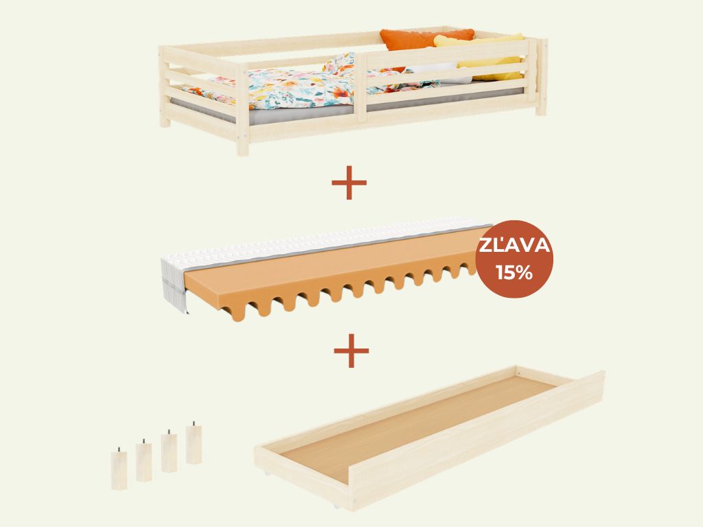 Benlemi Vysoká detská drevená posteľ TULY so zábranou a úložným šuplíkom 90x200 + matrac WAVE Zvoľte farbu: Nelakovaná, Zvoľte zábranu: S jednou zábr…