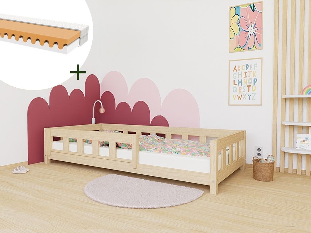 E-shop Benlemi Jednolôžková posteľ PLOTTY so zábranou 120x200 cm + matrac WAVE Zvoľte farbu: Béžová, Zvoľte zábranu: S jednou zábranou