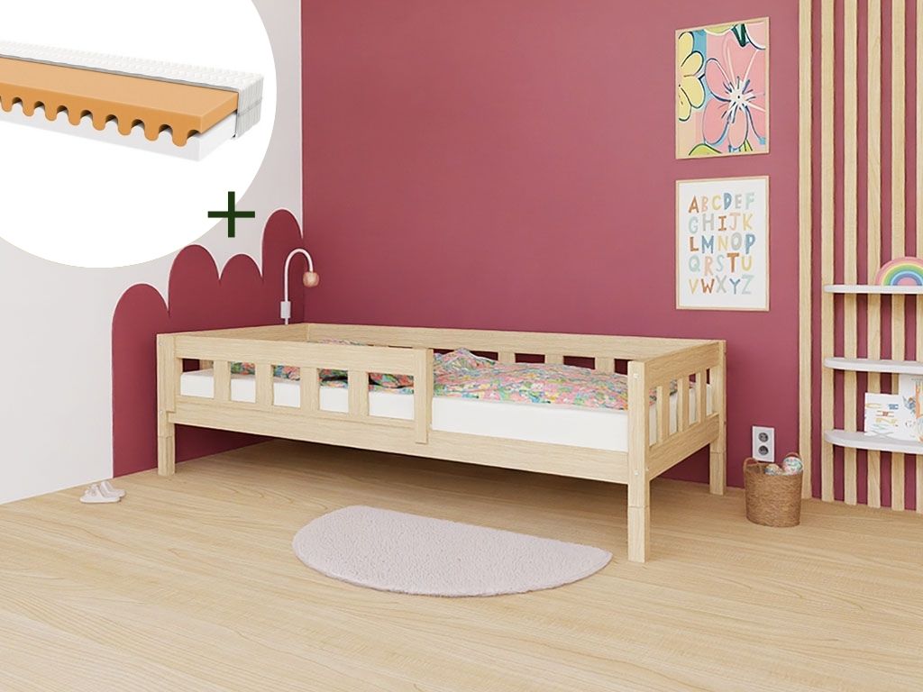 E-shop Benlemi Vysoká jednolôžková posteľ PLOTTY so zábranou 90x200 cm + matrac WAVE Zvoľte farbu: Transparentná vosková lazura matná, Zvoľte zábranu: S jed…