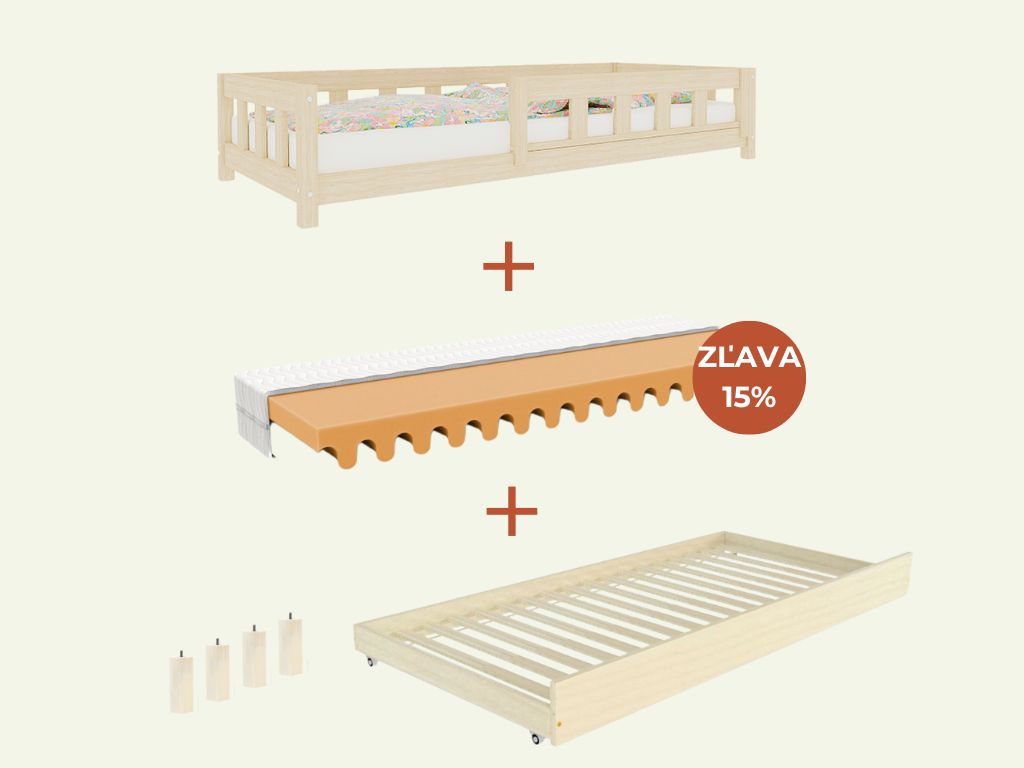 Benlemi Vysoká jednolôžková posteľ PLOTTY so zábranou a prístelkou 90x200 cm + matrac WAVE Zvoľte farbu: Nelakovaná, Zvoľte zábranu: S otvoreným vstu…